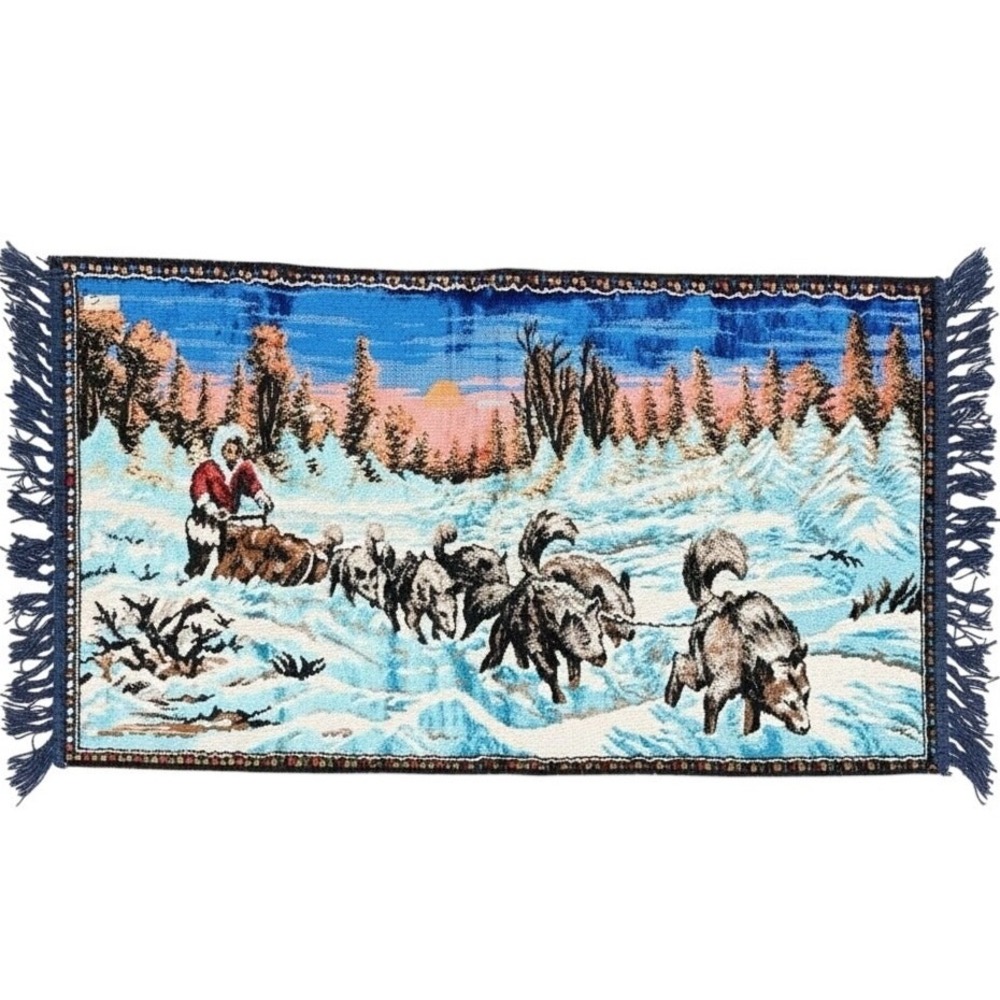 Vintage Mid Century Dogsled Tapestry Rug Husky Winter Scene Wall Hanging Cabin - Picture 1 of 7